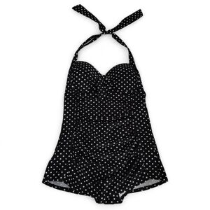 Merona Polka Dot Swim Dress S Retro Pinup Black White Skirted Ruching Halter